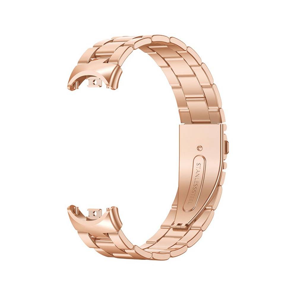 Roségold-Metallwatchband mit einer Schließe, geöffnet auf weißem Hintergrund dargestellt.