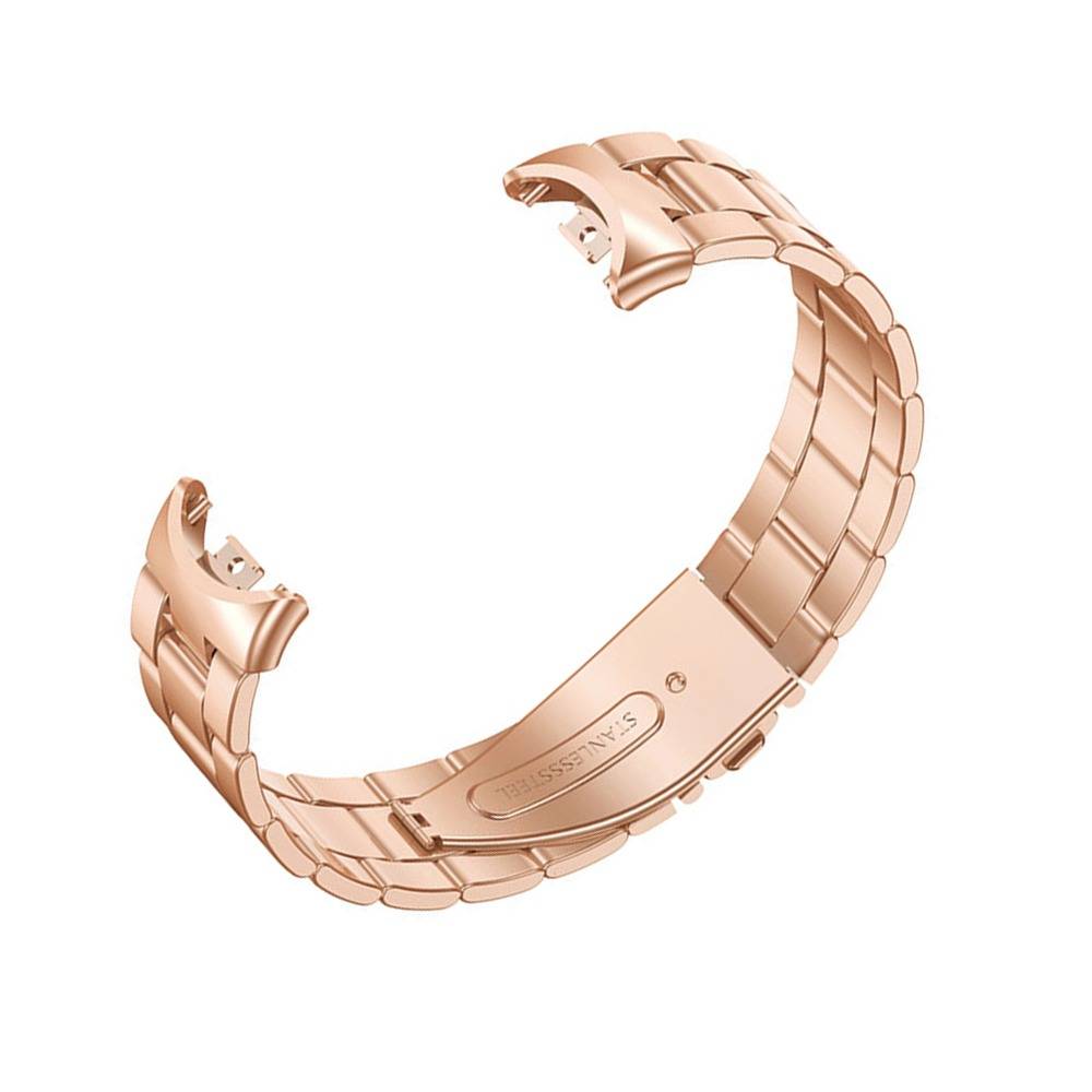 Roségold-Metalluhrenarmband-Armband, offen mit Verschlussverbindern, isoliert auf weißem Hintergrund dargestellt.