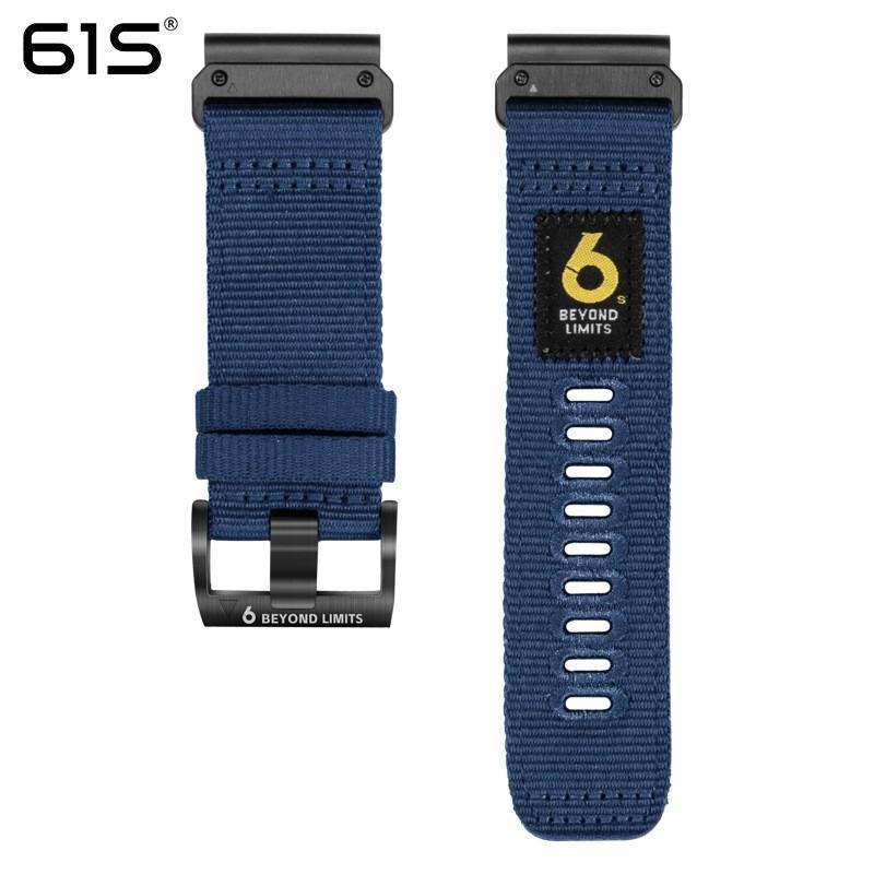 Blaues Nylon-Uhrenarmband, vorne und hinten gezeigt, mit schwarzer Schnalle und „6S BEYOND LIMITS