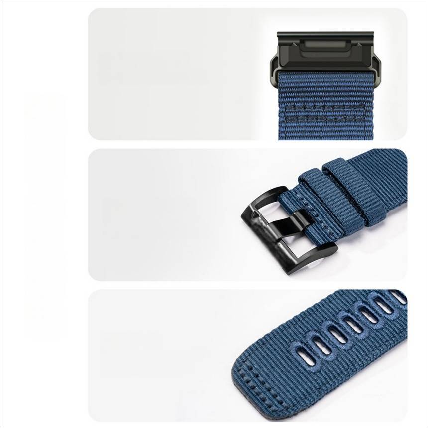 Drei Ansichten eines blauen gewebten Uhrenarmbands mit schwarzer Schnalle und Schnellverschluss-Stecker.