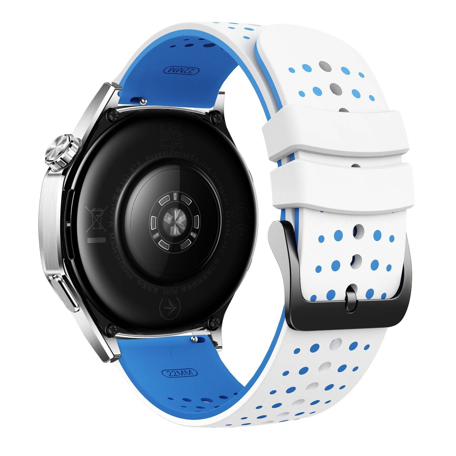 Rückansicht einer runden Smartwatch mit schwarzem Gehäuse und weißem perforiertem Armband mit blauer Auskleidung, die den Sensor und die Armband-Schließe zeigt.