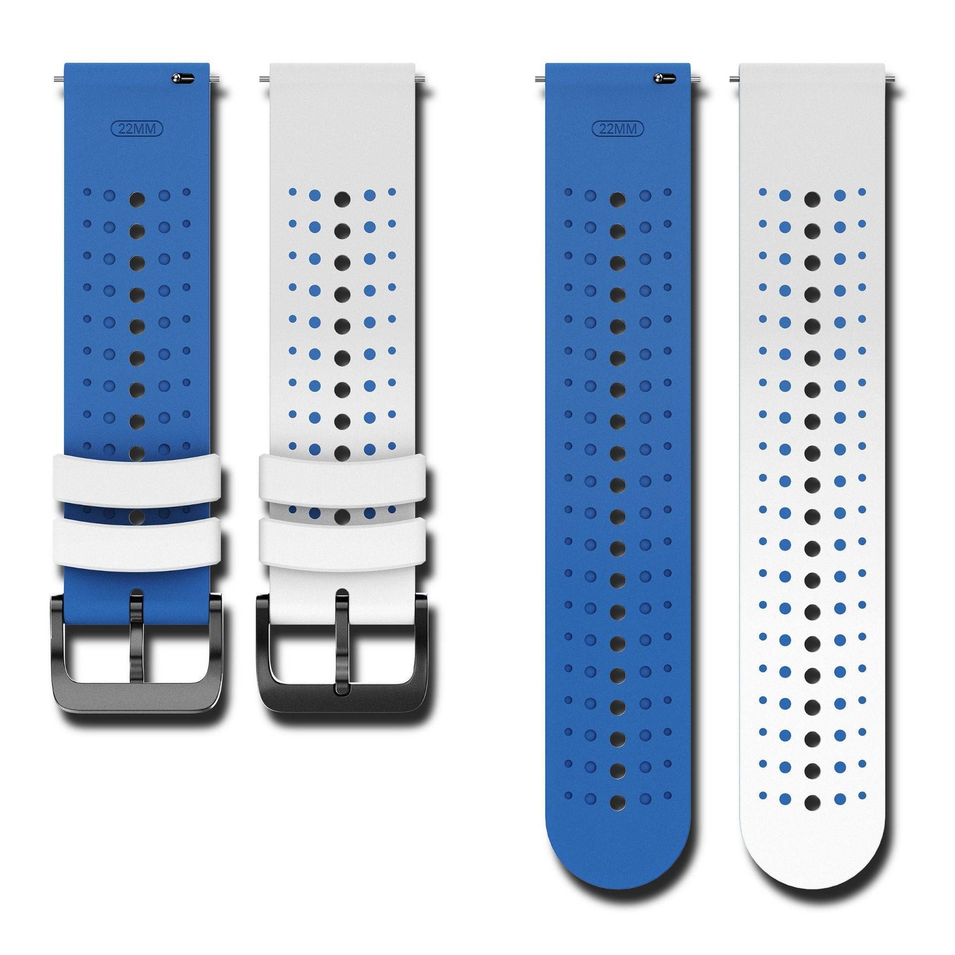 Zwei perforierte Smartwatch-Armbänder, eines blau und eines weiß, gezeigt mit Schnallen und als vollständige Riemen, Vorder- und Rückansichten.