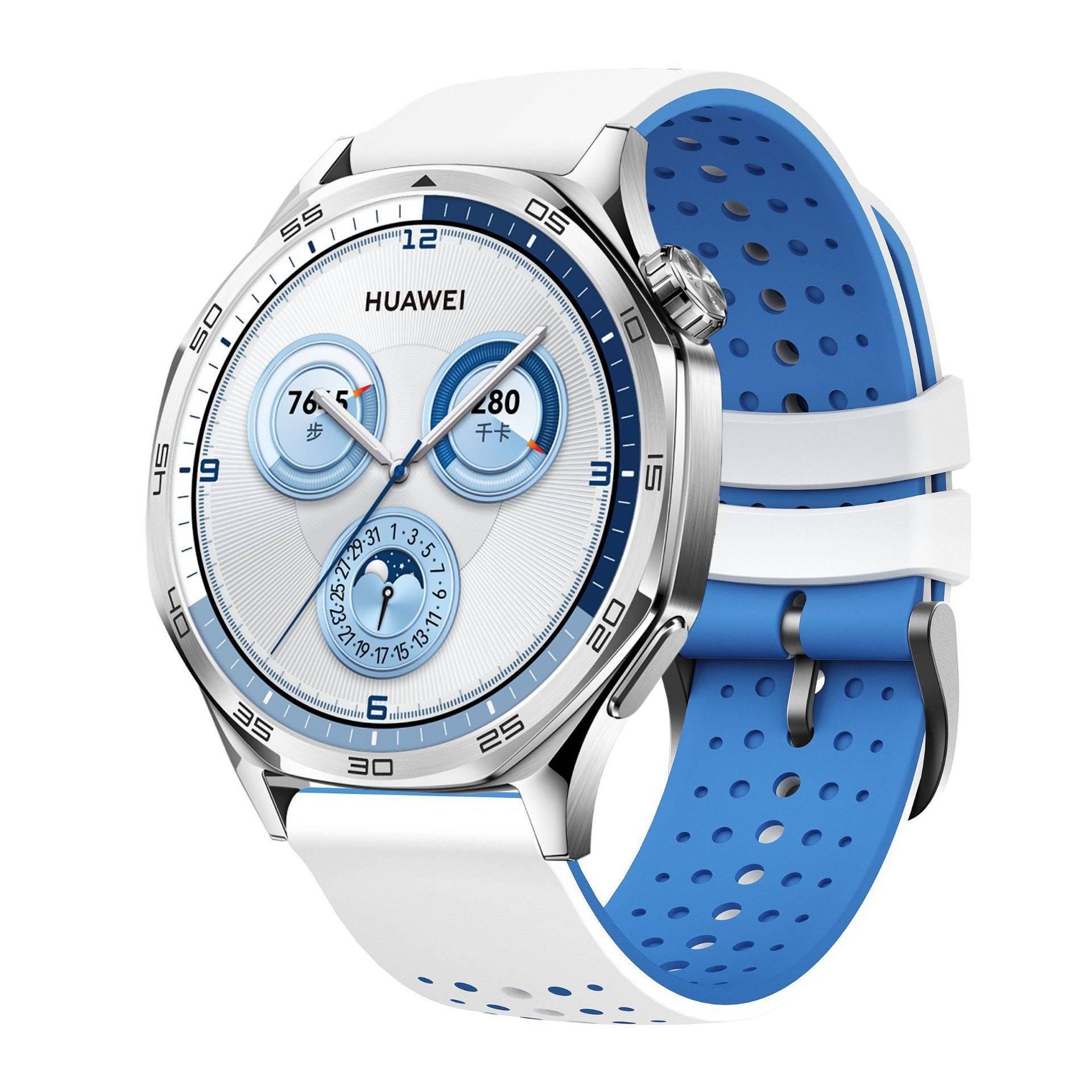 HUAWEI Smartwatch mit silbernem rundem Zifferblatt, blauen Akzenten und blau-weißem Sportarmband, mit Aktivitätszählern und analoger Zeitanzeige.