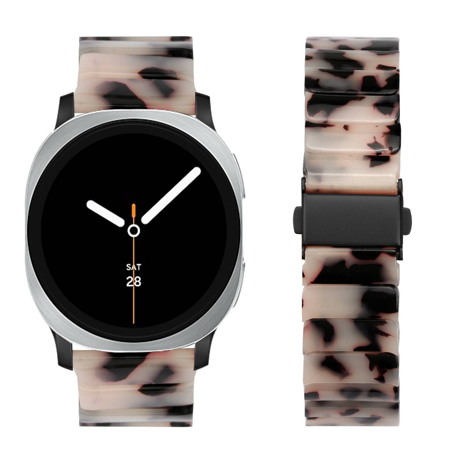 Runde Smartwatch mit schwarzem Zifferblatt und silbernem Rand, frontal und seitlich auf einem rosa-schwarz gemusterten Band gezeigt; Display zeigt SAT 28.