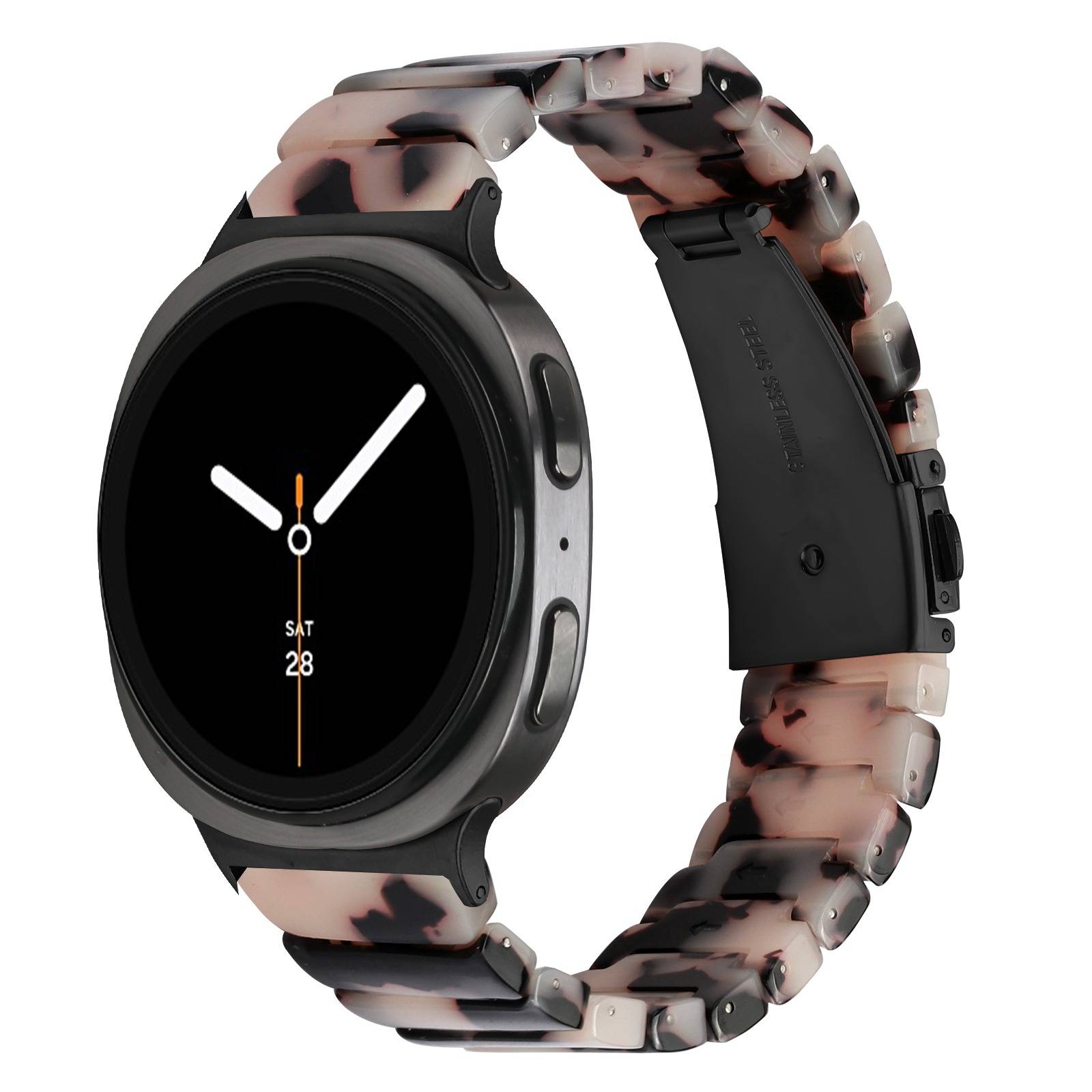Schwarze runde Smartwatch mit analogem Display und rosa-schwarzem marmoriertem Gliedband auf weißem Hintergrund.