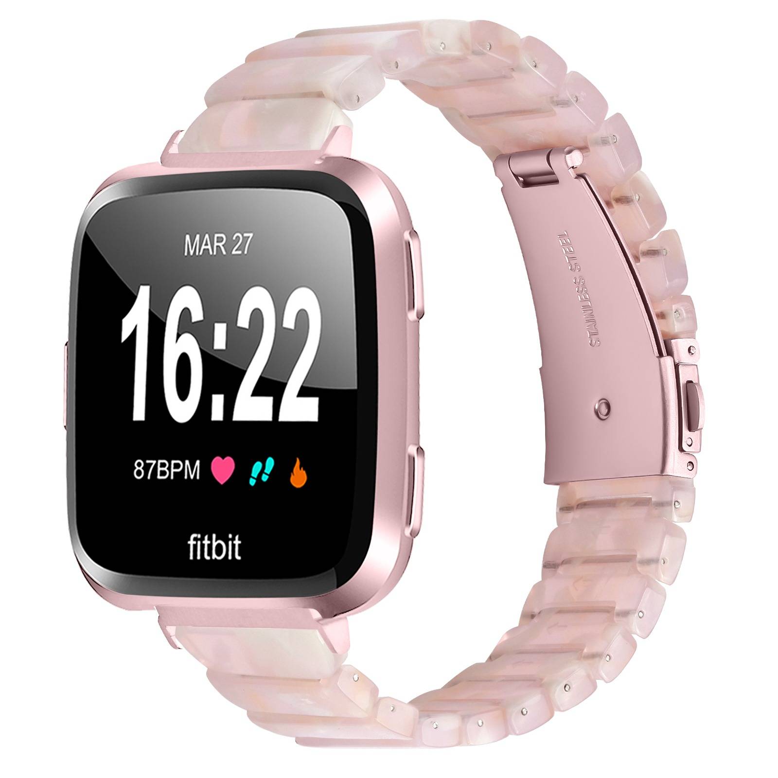 Rosa Fitbit-Smartwatch mit durchsichtigem Armband zeigt 16:22, 27. März und 87 BPM auf dem Display.