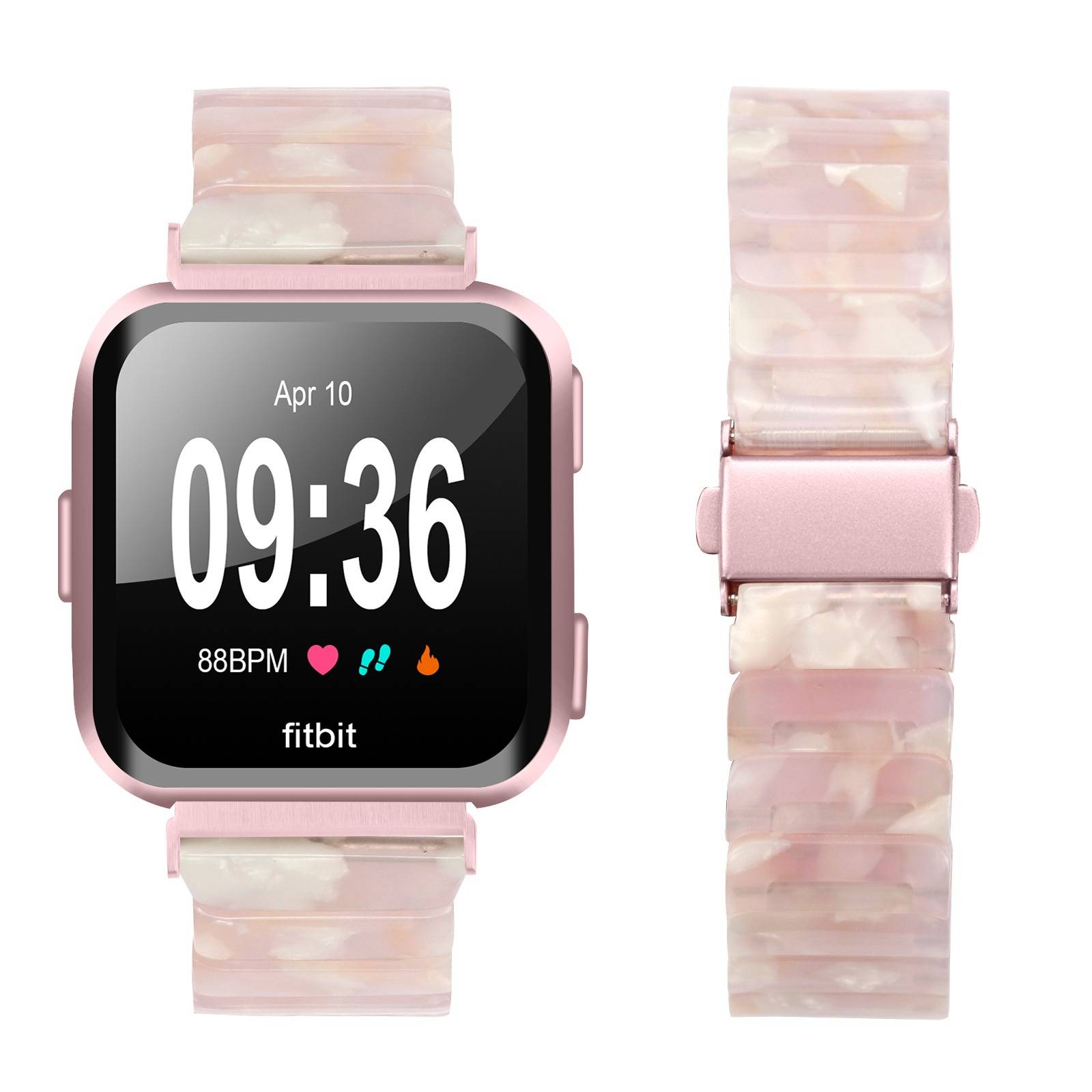 Rosa Fitbit-Smartwatch mit marmoriertem Blush-Band, von vorne und von der Seite gezeigt; das Ziffernblatt zeigt Apr 10, 09:36, 88 BPM und das Fitbit-Logo.