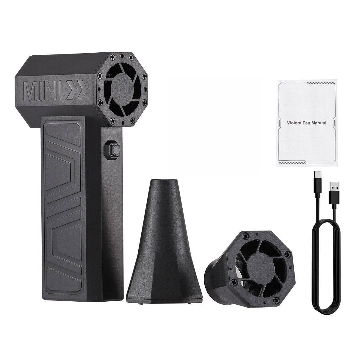 Tragbarer schwarzer Handventilator mit Kegel-Aufsatz, austauschbarem Ventilator-Kopf, USB-Ladekabel und Benutzerhandbuch auf weißem Hintergrund.