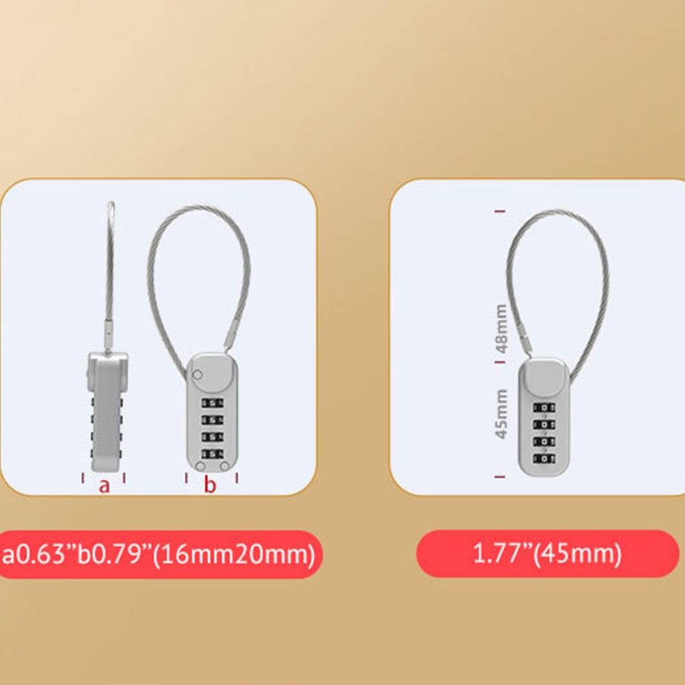 Illustration eines Kabelschlosses mit zwei Größenoptionen: 0,63 x 0,79 Zoll und 1,77 Zoll, mit einer 45-mm-Version, die nach Abmessungen gekennzeichnet ist.