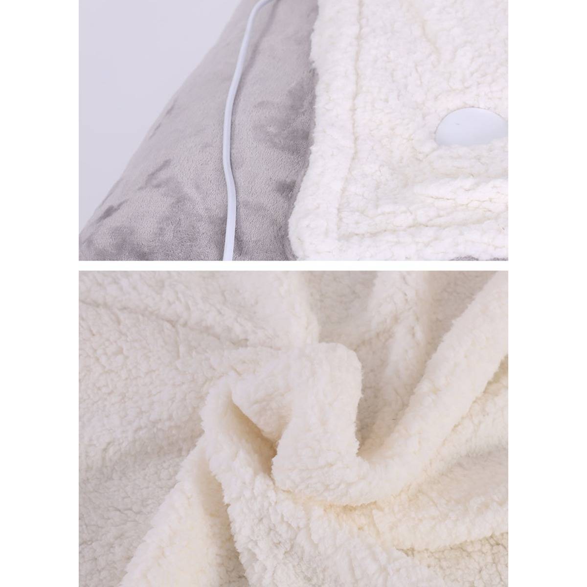 Nahaufnahme von zwei Fleece-Decken oder Jacken, grau oben und creme darunter, zeigt weiches Sherpa-Textur und Nähte.