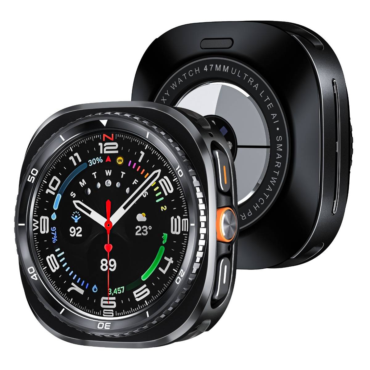 Schwarze Apple Watch Ultra von vorne und hinten dargestellt, wobei das Zifferblatt Komplikationen, Herzfrequenz, Temperatur und Aktivitätsdaten anzeigt.