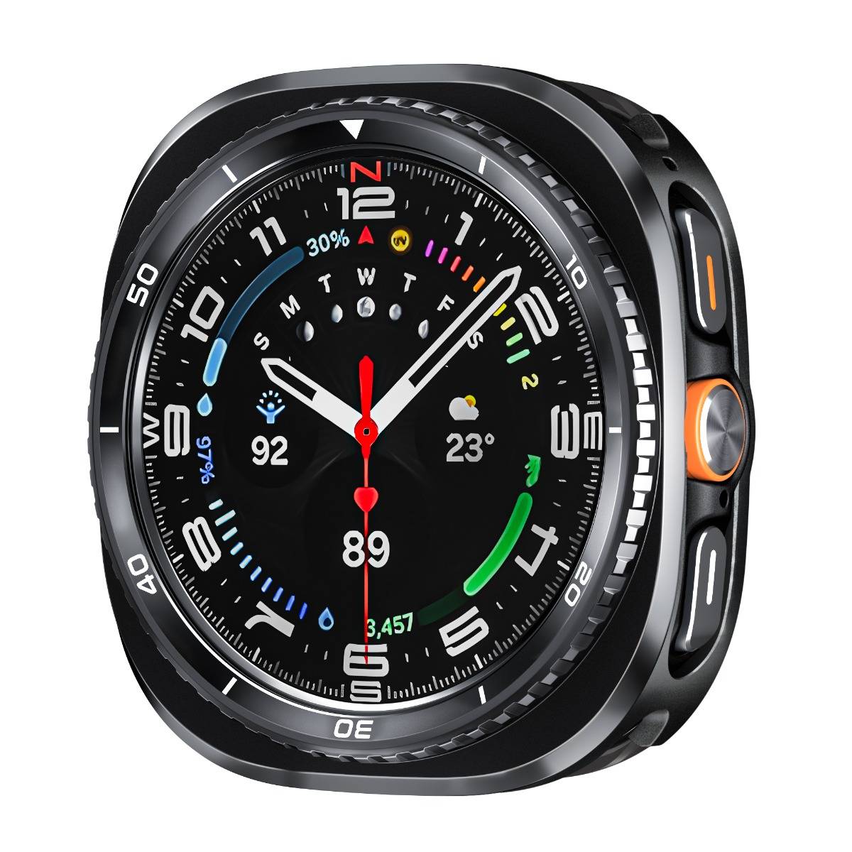 Schwarze Smartwatch mit analogem Zifferblatt, die Gesundheitsmetriken, Datumsanzeigen, Wetter und einen roten Sekundenzeiger auf einem runden Display anzeigt.