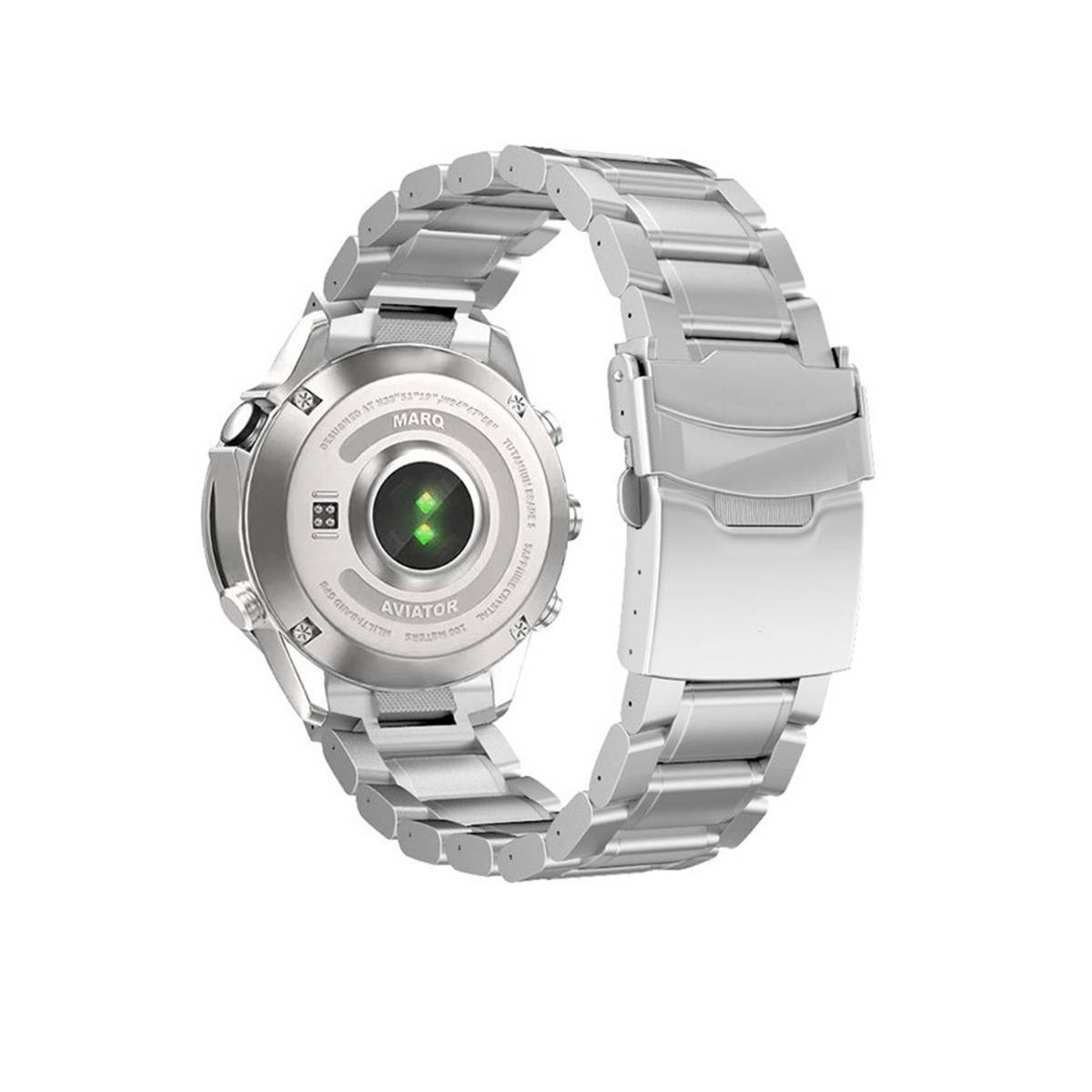 Silberne Metallarmbanduhr mit rundem Gehäuseboden und grünem leuchtenden Sensor, offen dargestellt, um die Armbandschließe zu zeigen.