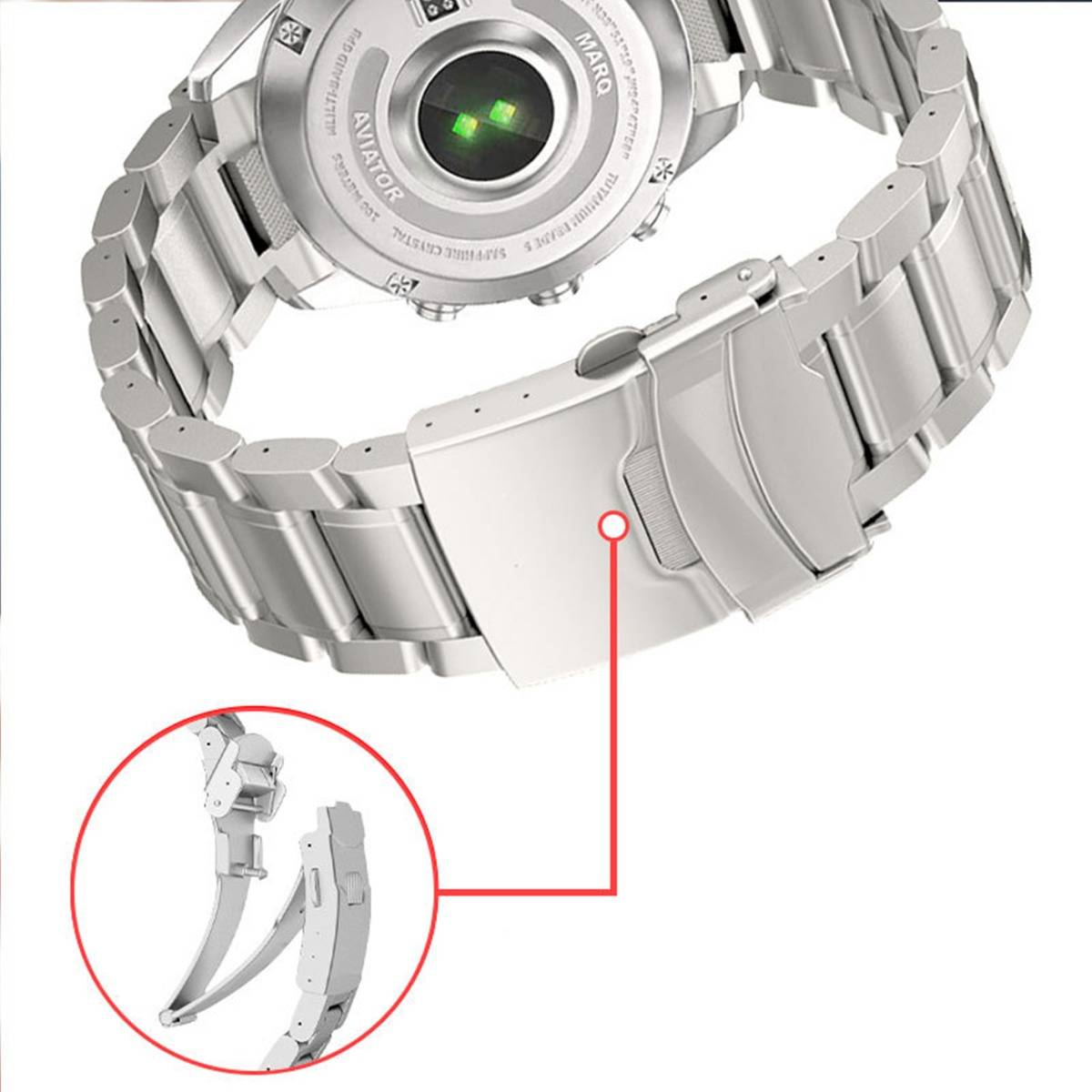 Nahaufnahme eines silbernen Metalluhrarmbands und einer Schließe, mit einer roten Legende, die die Schließe geöffnet und geschlossen zeigt.