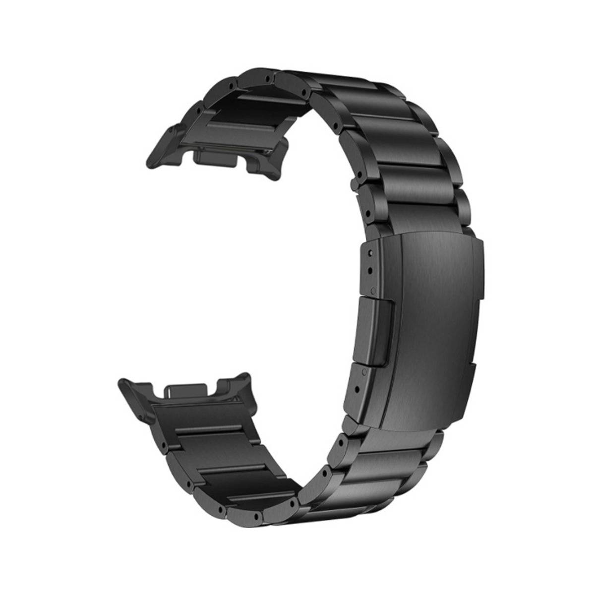 Schwarzes Metallarmband für Smartwatch mit Verschluss, dargestellt in einer offenen kreisförmigen Form auf weißem Hintergrund.