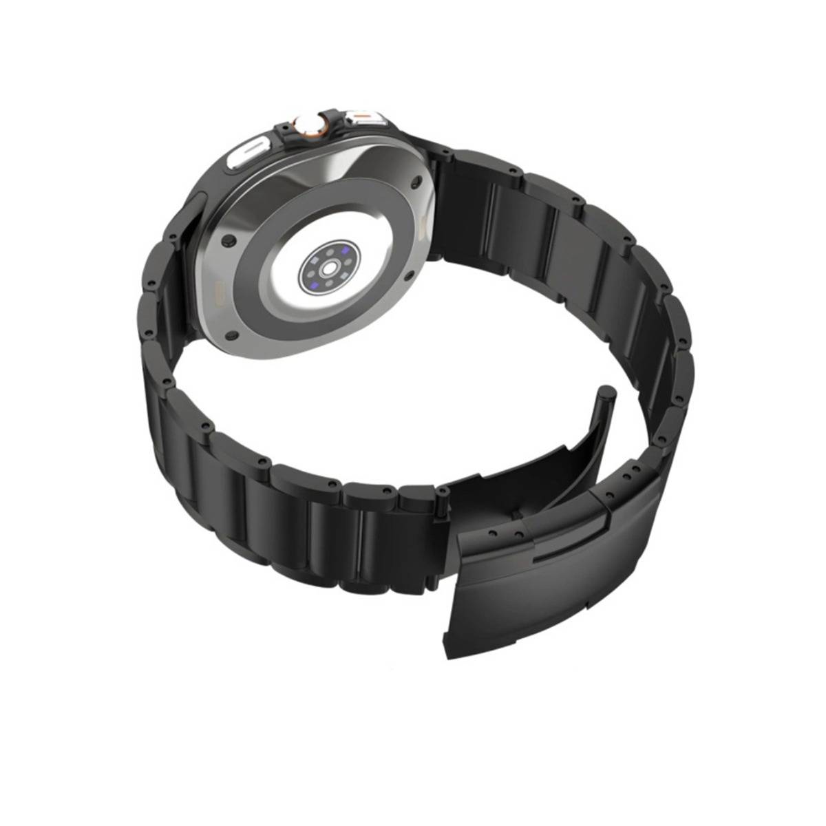 Rückansicht einer schwarzen Smartwatch mit einem runden Sensormodul und verstellbarem Armband auf weißem Hintergrund.