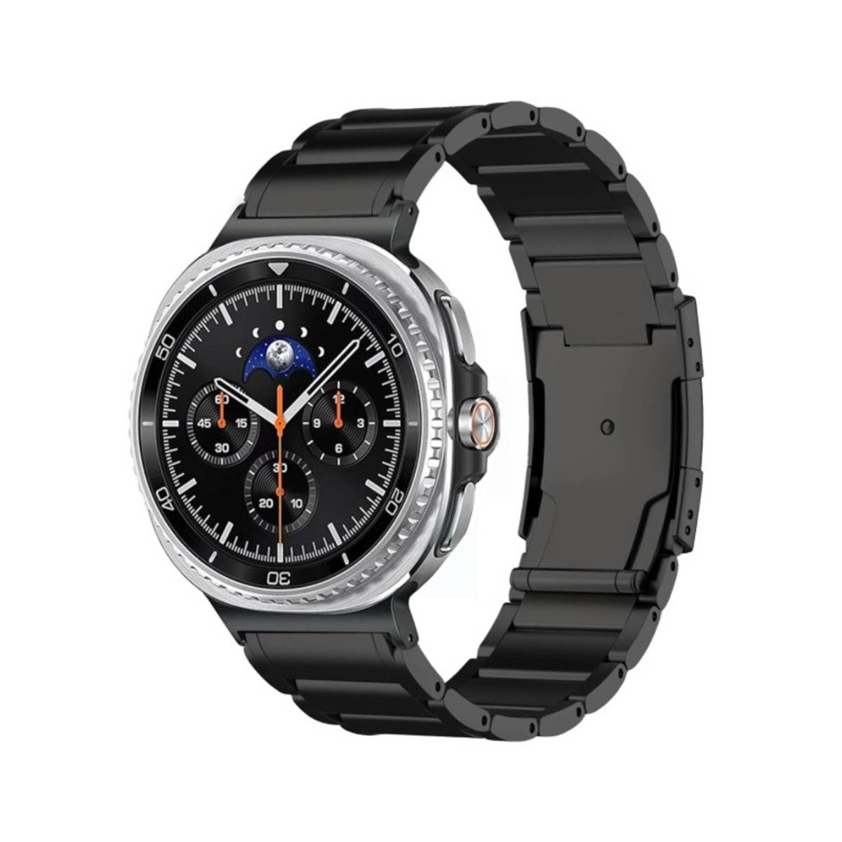 Schwarze Metall-Smartwatch mit rundem Zifferblatt im Analogstil, mehreren Unteruhren und schwarzem Gliederband, auf weißem Hintergrund dargestellt.