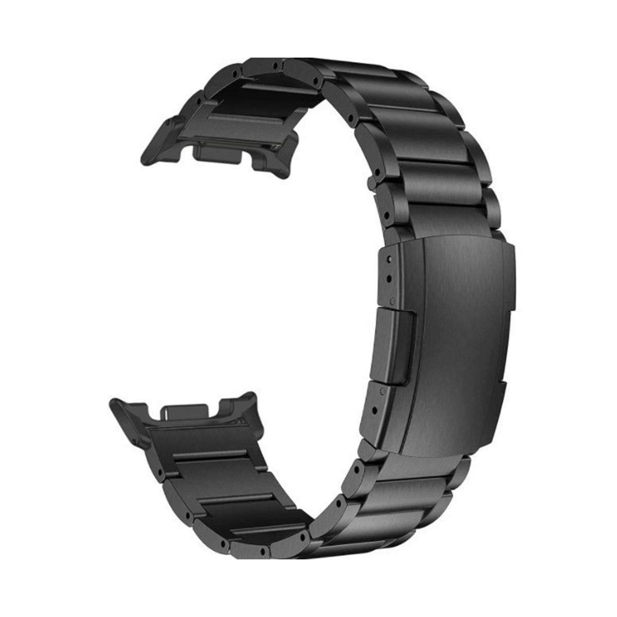 Schwarzes Metallarmband mit einer Schließe, isoliert auf weißem Hintergrund dargestellt.