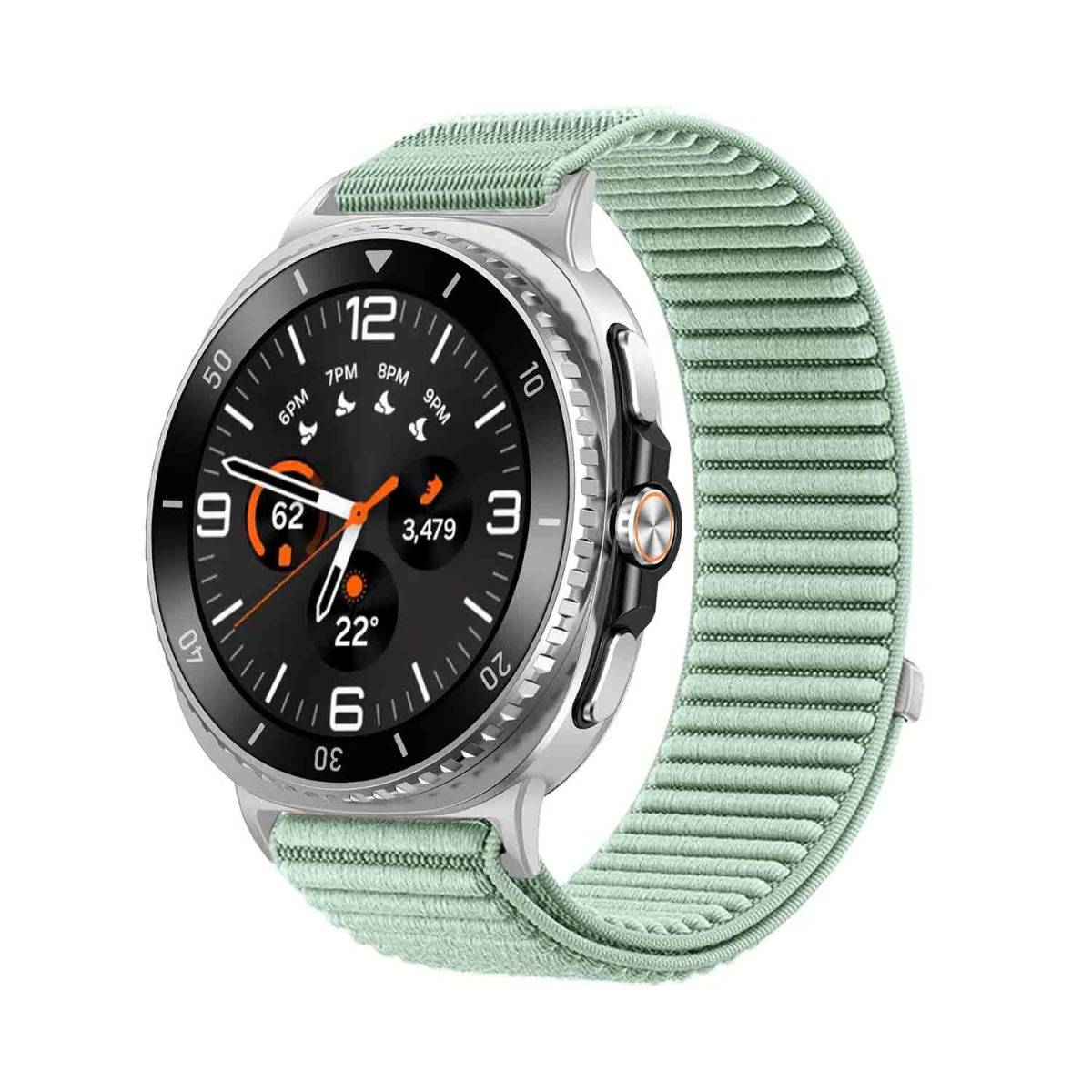 Silberne Smartwatch mit schwarzem analogem Display und mintgrünem gewebtem Armband auf weißem Hintergrund.