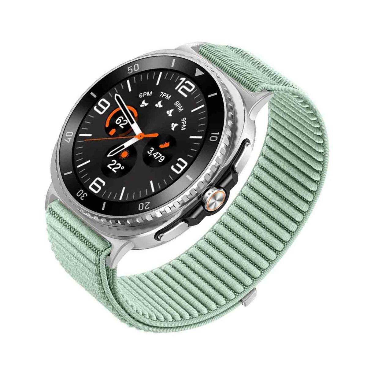 Silberne Smartwatch mit schwarzem rundem Zifferblatt und mintgrünem gewebtem Armband, auf weißem Hintergrund dargestellt