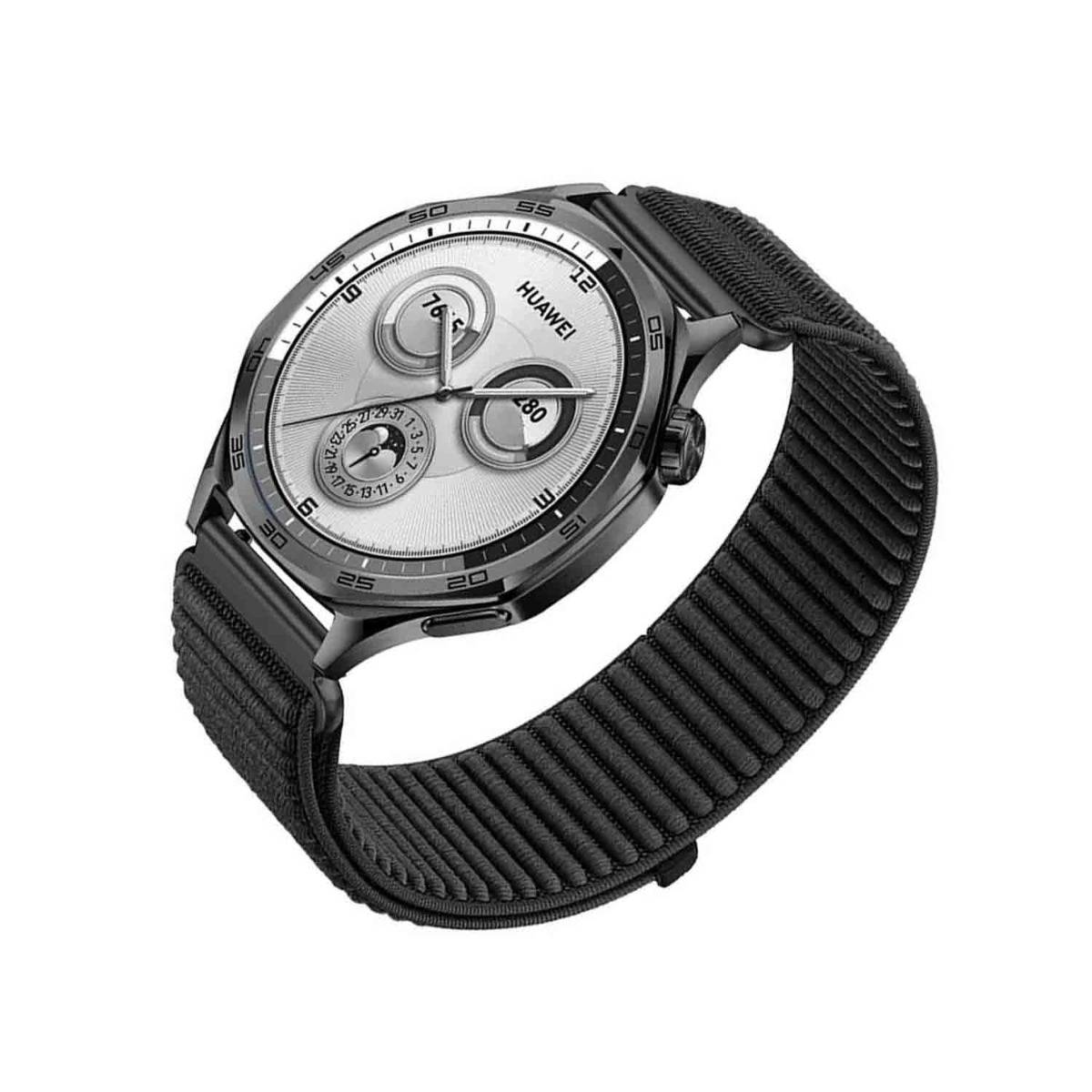 Eine silberne Huawei analog Smartwatch mit schwarzem gewebtem Armband, auf weißem Hintergrund dargestellt.