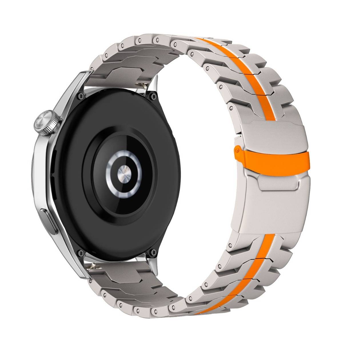 Eine silberne Smartwatch von hinten gezeigt, mit einem schwarzen runden Sensor und einem Metallarmband, das durch orange Streifen akzentuiert wird.