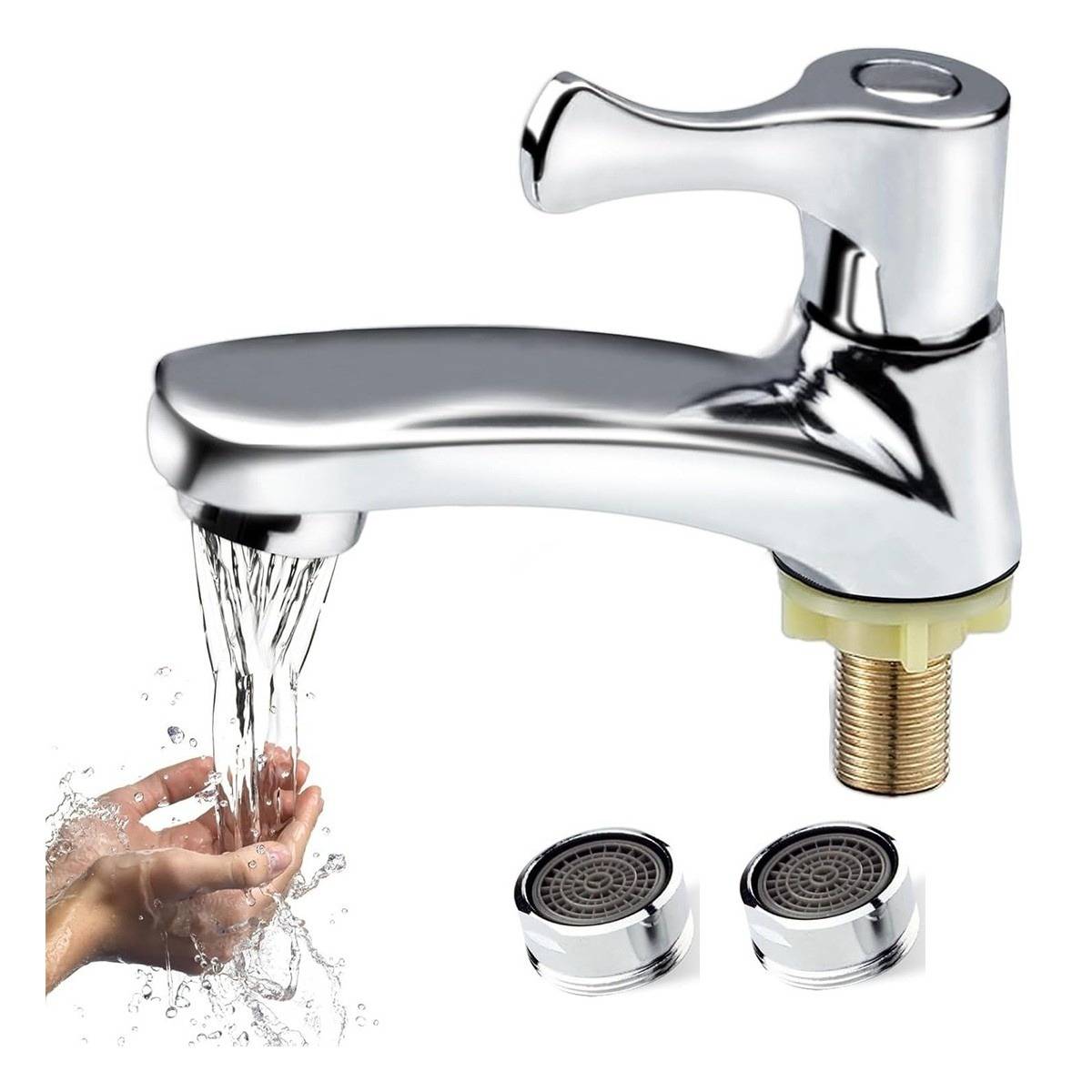 Wasserhahn-Luftsprudler aus Chrom mit Wasser, das in eine Hand fließt; zwei Ersatz-Luftsprudler-Filter werden unten gezeigt.
