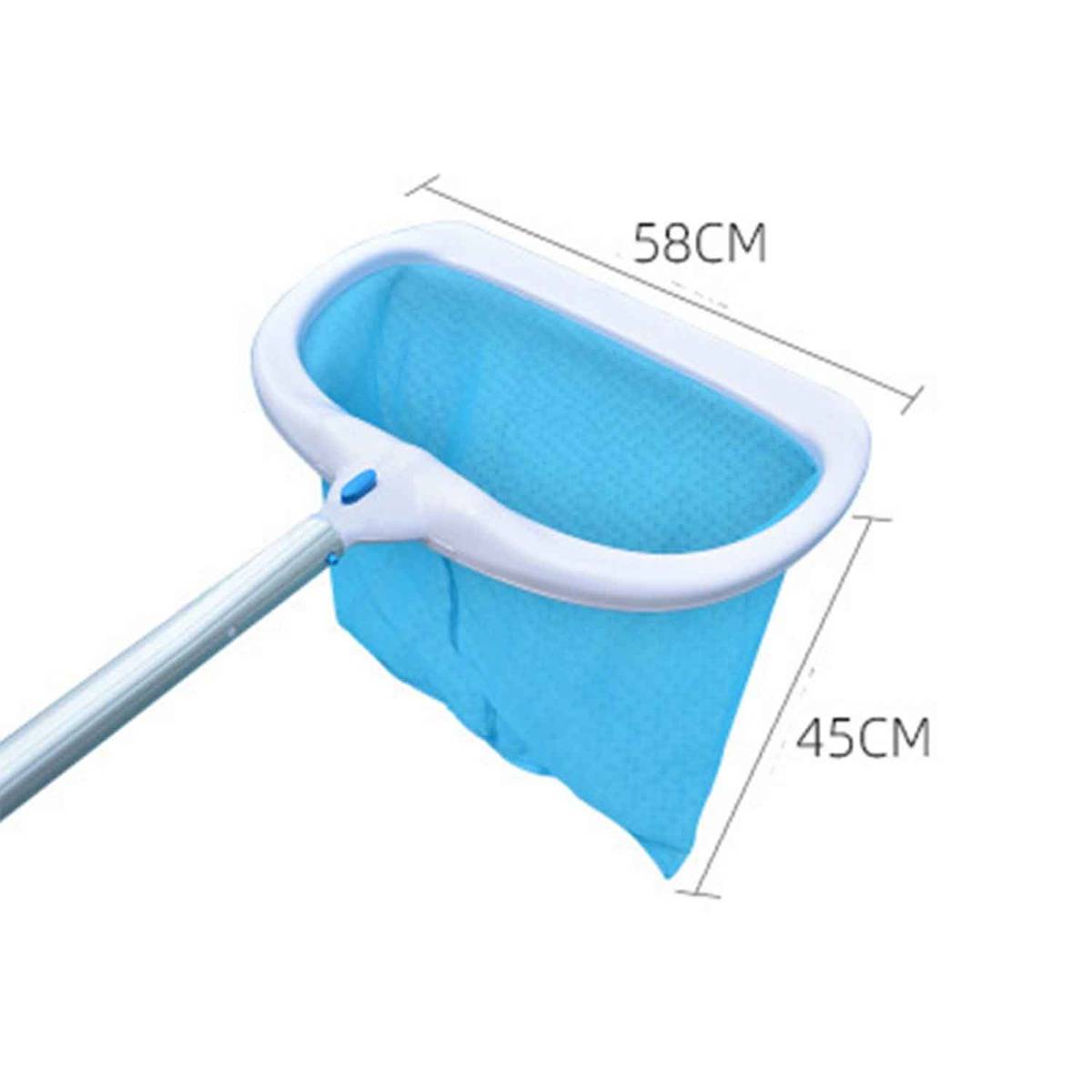 Blau-weiß gestreifter Poolskimmer mit langem Griff, dargestellt mit Abmessungen von 58 cm Breite und 45 cm Tiefe.