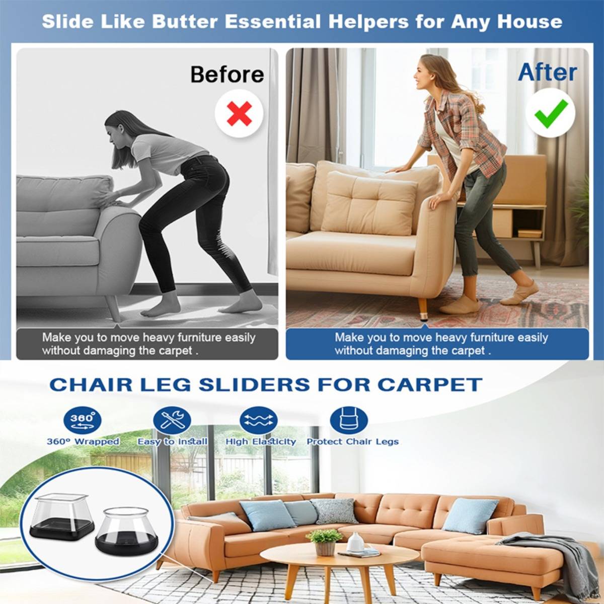 Werbegrafik für Möbelgleiter: Vorher-/Nachher-Fotos zeigen, wie man ein Sofa auf dem Teppich leichter bewegen kann; Produkttitel und Feature-Symbole darunter.