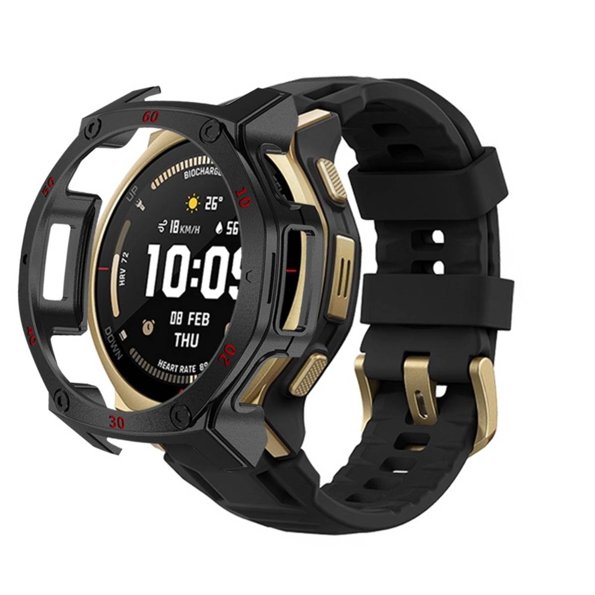 Robuste schwarze Smartwatch mit goldenen Akzenten und Silikonarmband, zeigt digitale Uhrzeit 10:09, Datum 08 FEB DO und Fitness-Metriken an.