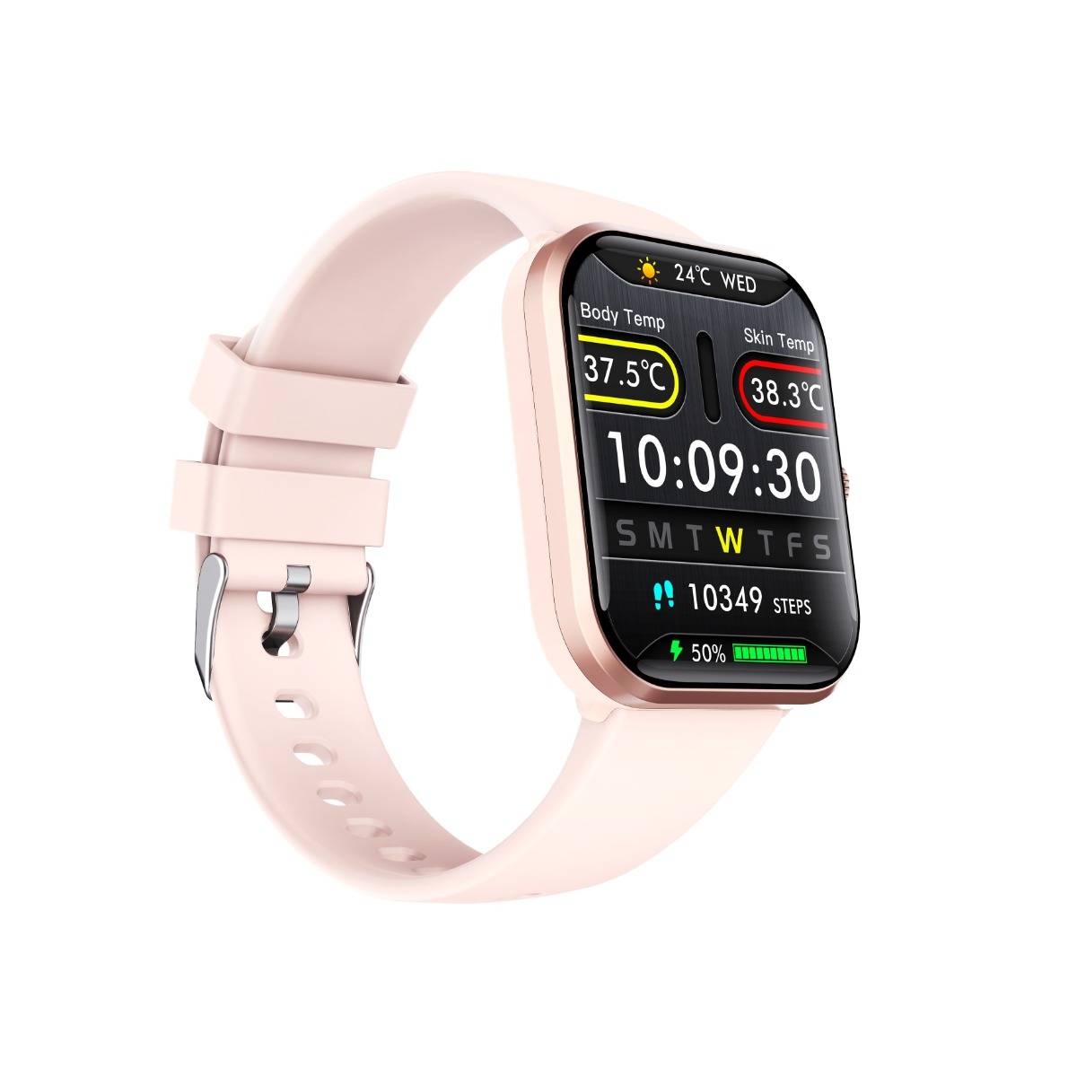 Rosa Smartwatch mit digitalem Display zeigt Körpertemperatur 37,5°C, Hauttemperatur 38,3°C, Zeit 10:09:30, 10.349 Schritte und 50% Batterieladung an.