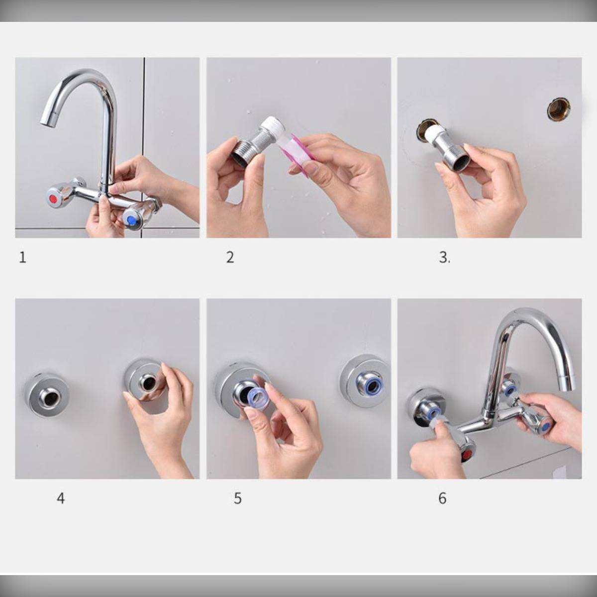 Schritt-für-Schritt-Collage zeigt Hände beim Entfernen und Neuinstallation eines Badezimmer-Wasserhahns und Wandarmatur mit Schraubenschlüssel und Klebeband.