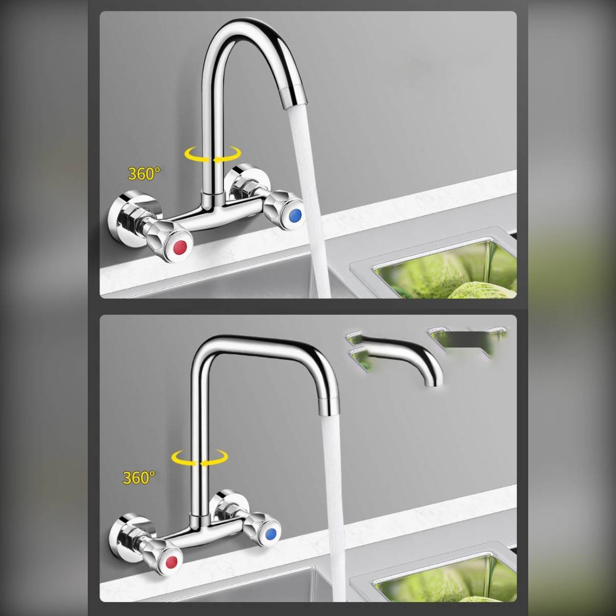 Zweiseitiges Produktbild eines verchromten Küchenarmaturensets mit einem 360° schwenkbaren Auslauf, das fließendes Wasser in ein Spülbecken zeigt, mit roten und blauen Temperaturreglern.