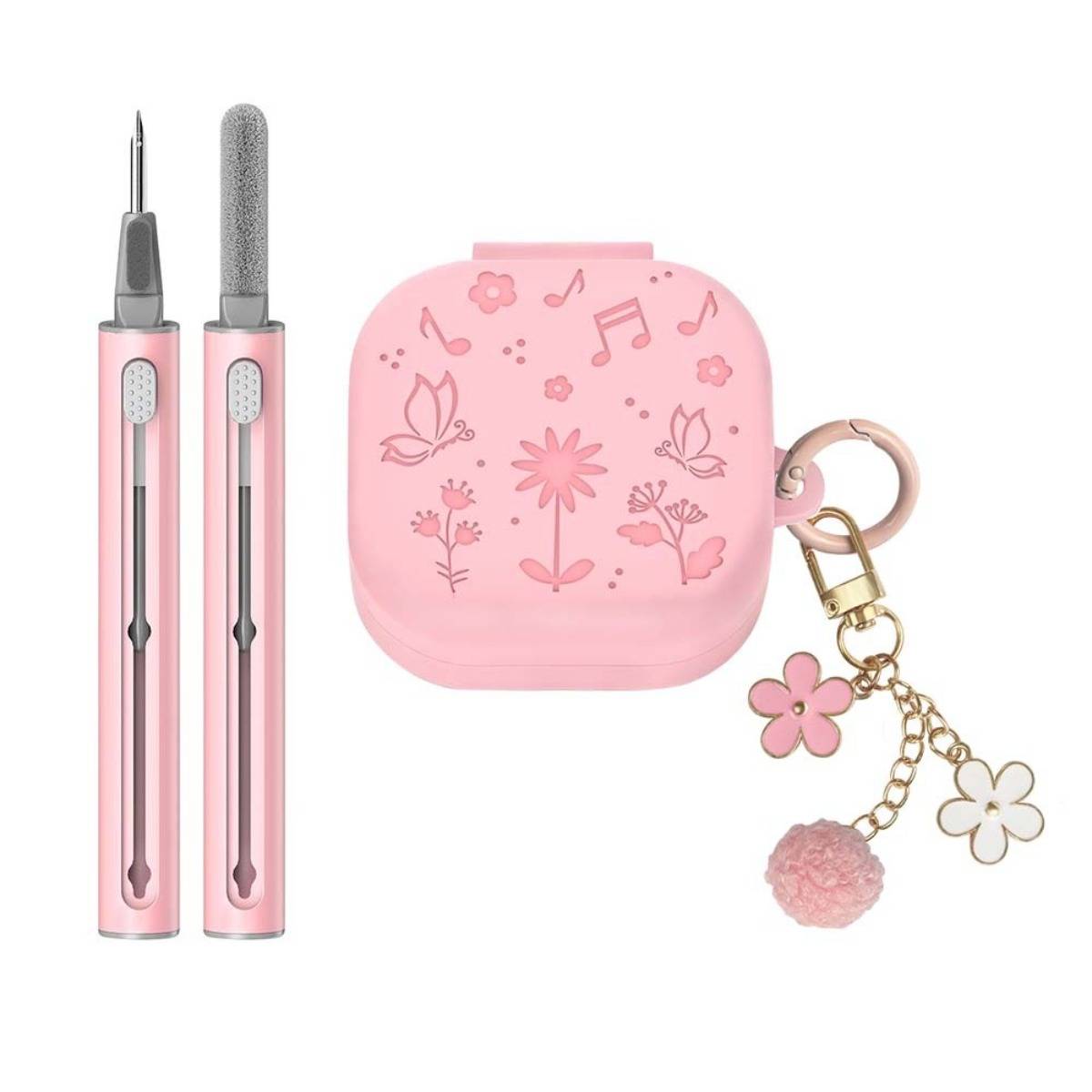 Rosa Maniküre-Set mit Nagelwerkzeug, Feile und kleinem blumenverzierten Transportkoffer mit Schlüsselanhänger-Zubehör.