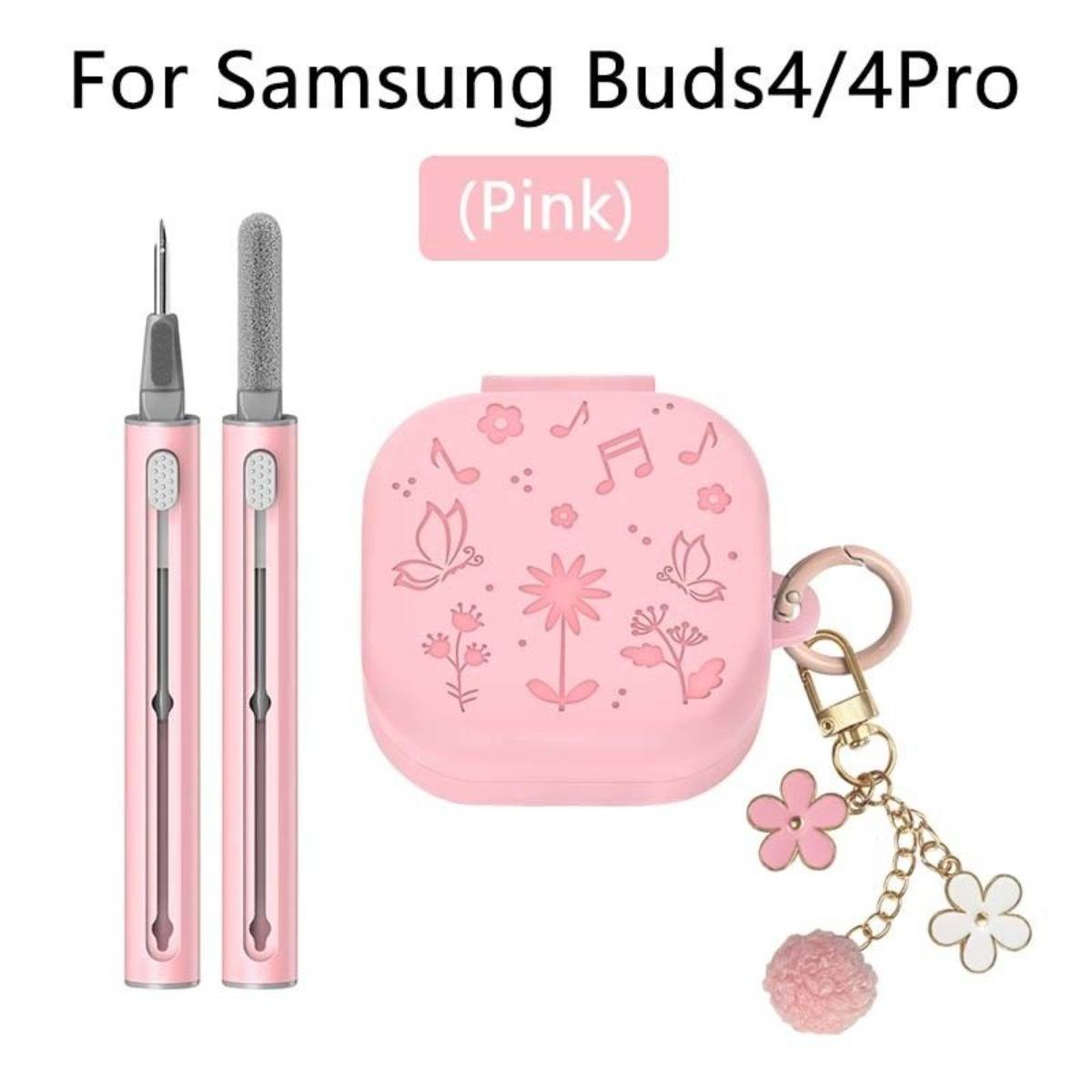 Rosa Zubehörsatz für Samsung Buds4/4Pro mit zwei Ohrhörer-Werkzeugen, einem blumenverziertem Etui und einem Blumen-Schlüsselanhänger-Charm.