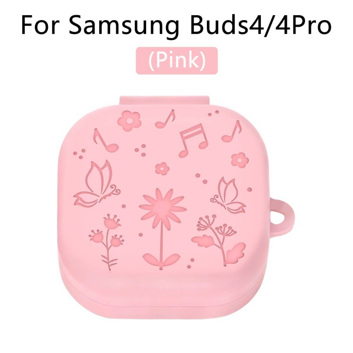 Rosa Blumenmuster Samsung Buds4/4Pro Hülle mit Musiknoten- und Schmetterlings-Dekorationen.