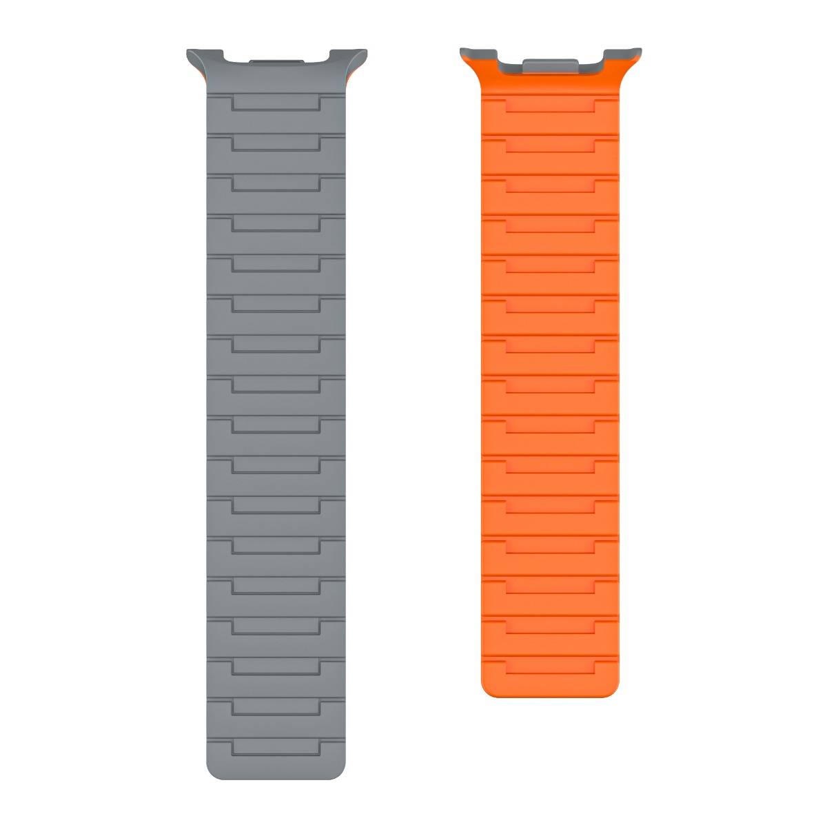 Zwei nebeneinander dargestellte Smartwatch-Armbänder, eines grau und eines orange, mit gerillten Oberflächen und Befestigungsclips oben.
