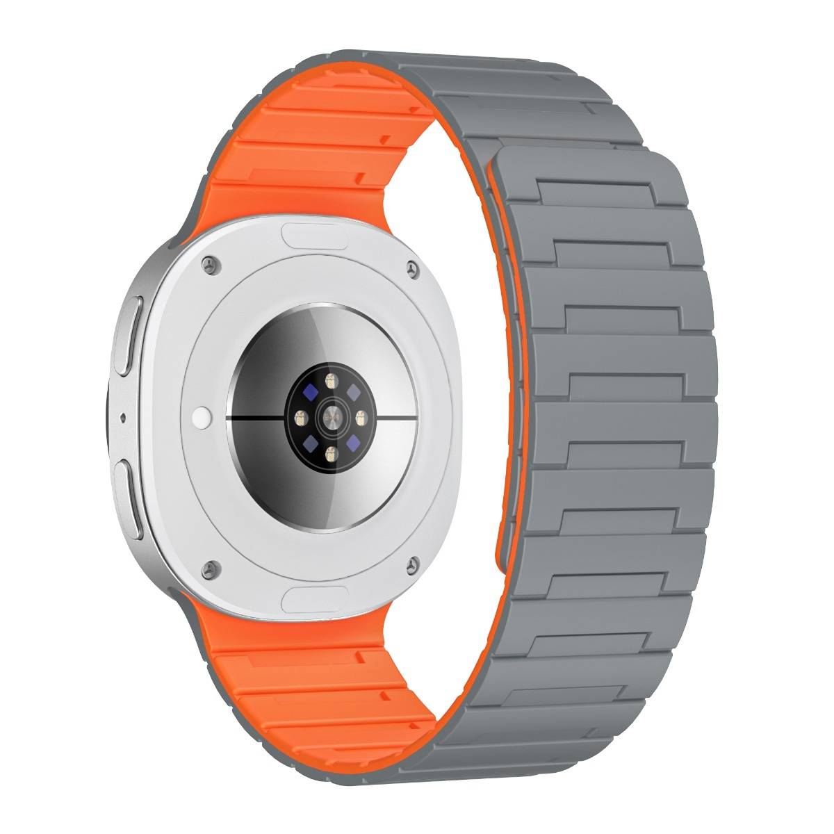 Smartwatch-Rückansicht mit kreisförmigem Kamera-/Sensormodul, silbernem Gehäuse und orange-grauem Armband isoliert auf weißem Hintergrund.