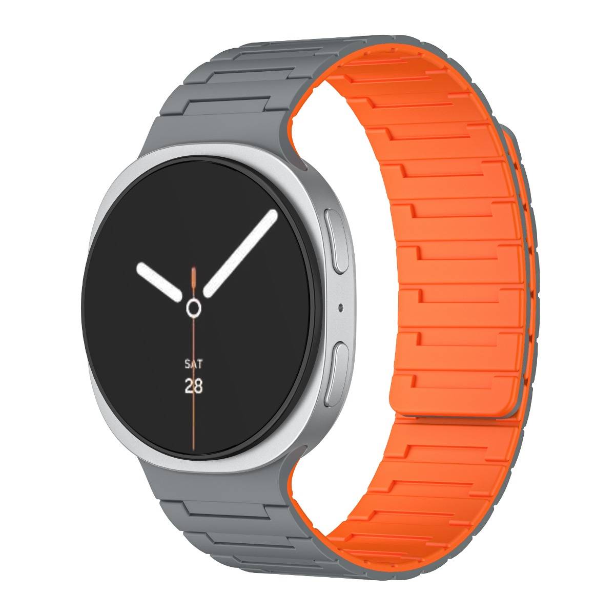 Runde Smartwatch mit Silbergehäuse, schwarzem Zifferblatt mit der Anzeige „SAT 28