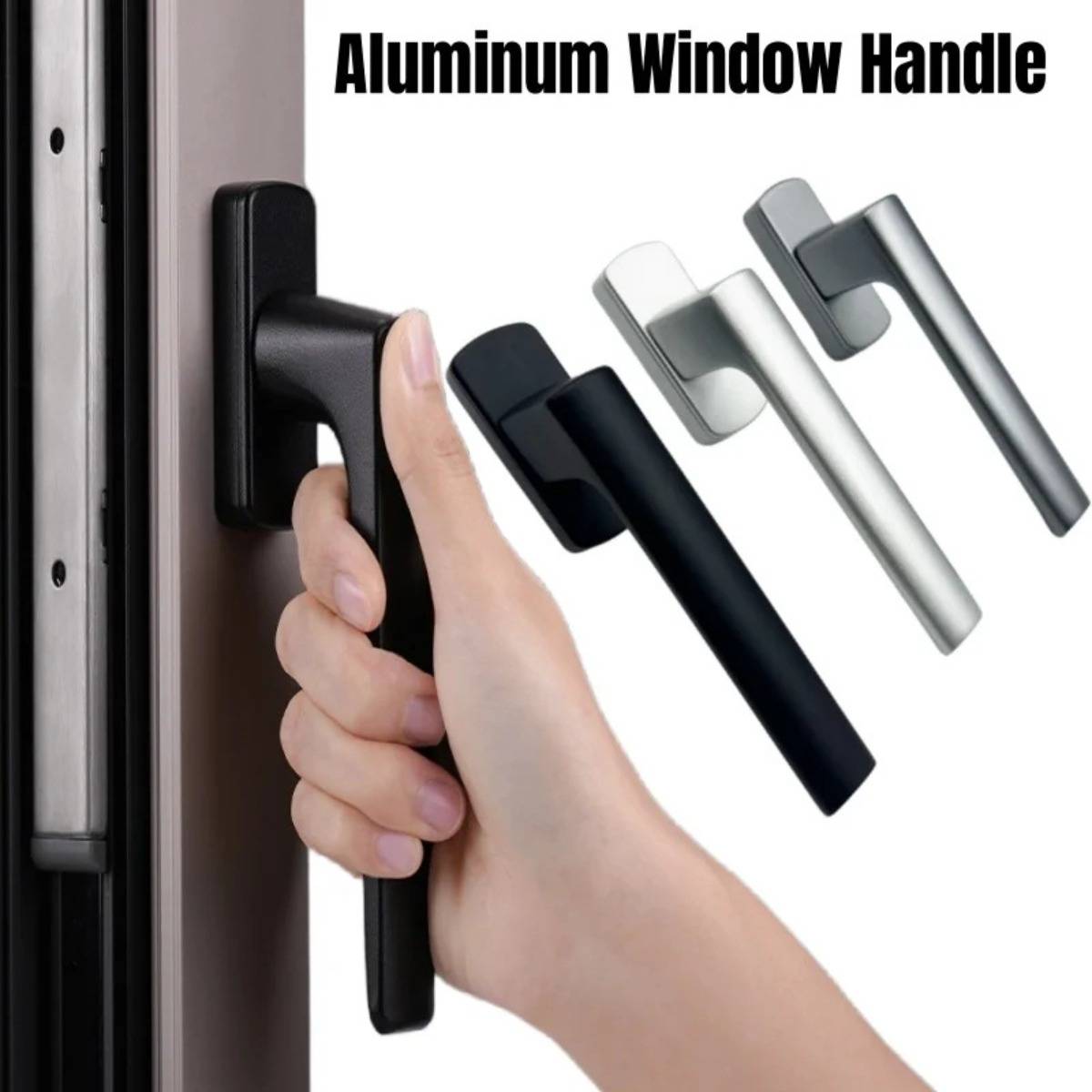 Hand greift einen schwarzen Aluminium-Fenstergriff an einem Rahmen, mit drei zusätzlichen Grifffarb-Optionen und der Kennzeichnung 
