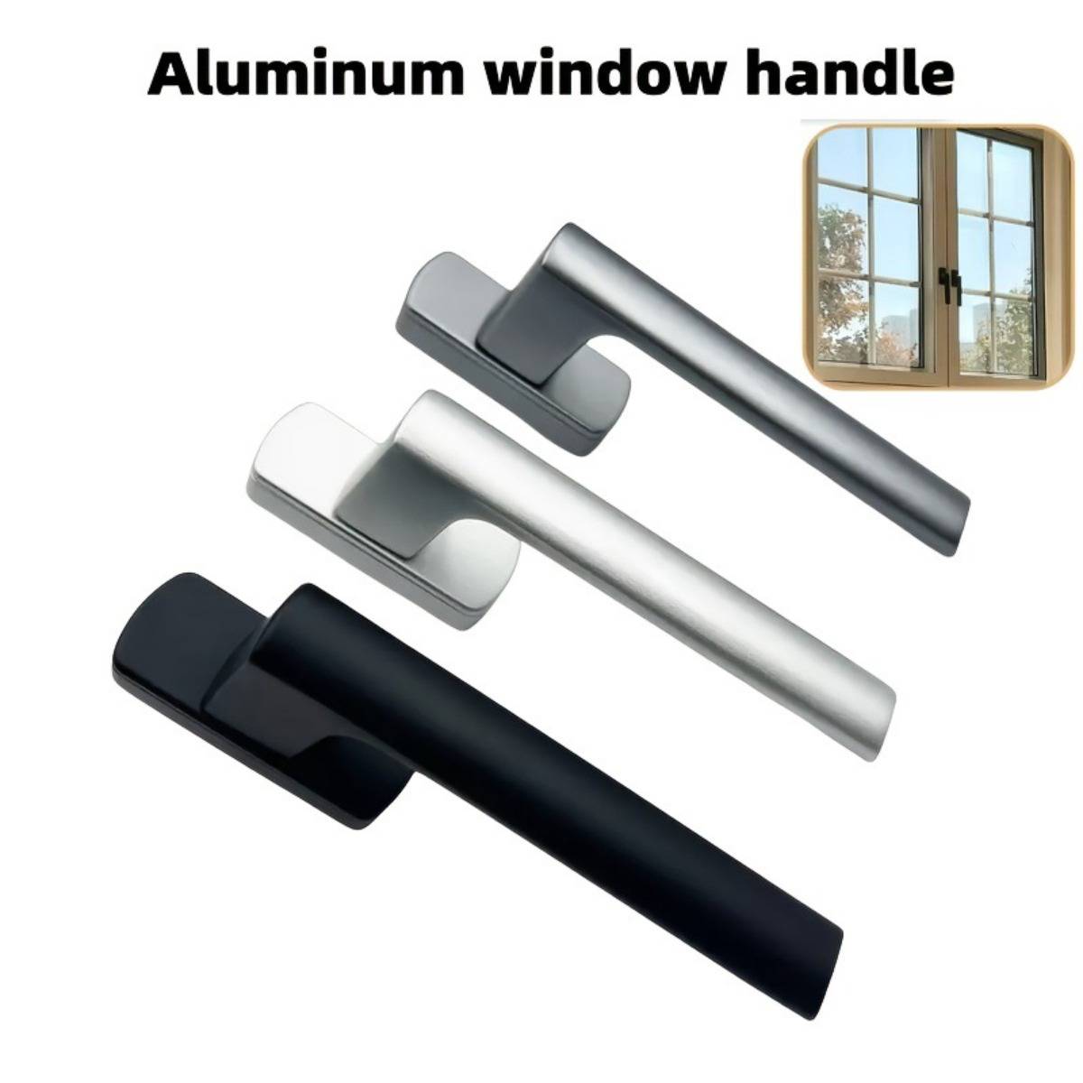 Drei Aluminium-Fenstergriffe in Grau, Silber und Schwarz mit einer kleinen Abbildung, die die installierten Griffe an einem Fenster zeigt.