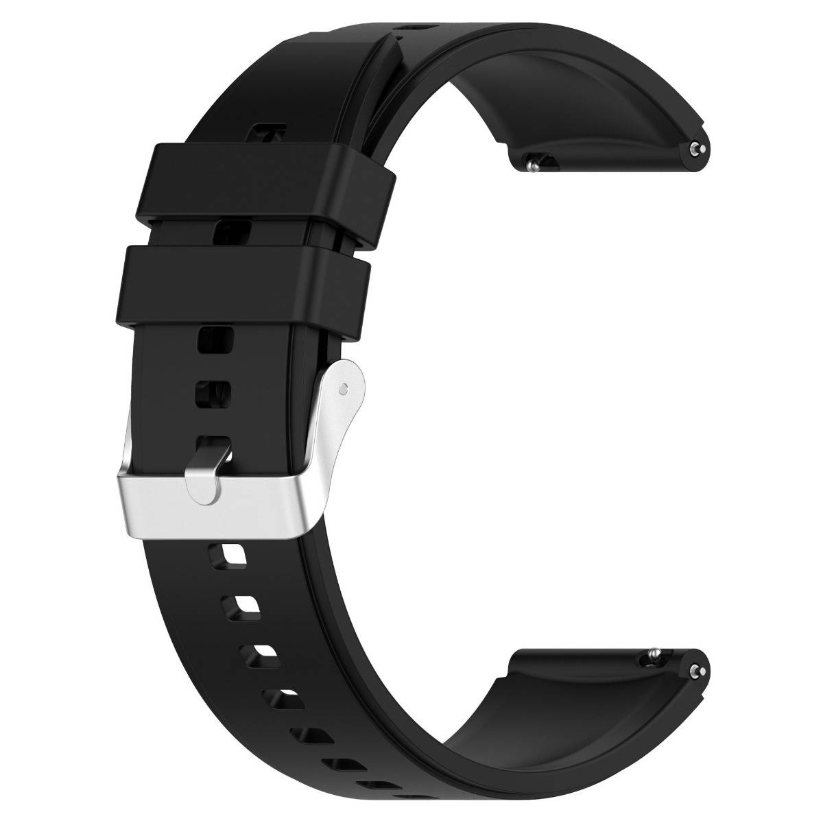 Schwarzes Silikon-Smartwatch-Armband mit silbernem Verschluss, isoliert auf weißem Hintergrund dargestellt.