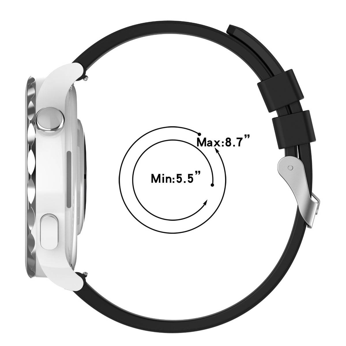 Seitenansicht einer Smartwatch mit verstellbarem schwarzem Armband, die Handgelenkgrößenbereich von Min: 5,5