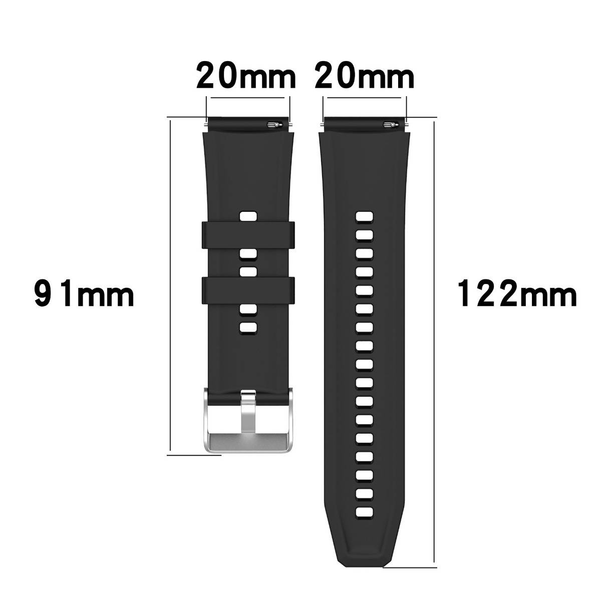 Schwarze Uhrenarmband von vorne und hinten gezeigt mit Abmessungen von 20 mm Breite, 91 mm Länge auf der Schnallenseite und 122 mm auf der perforierten Seite.