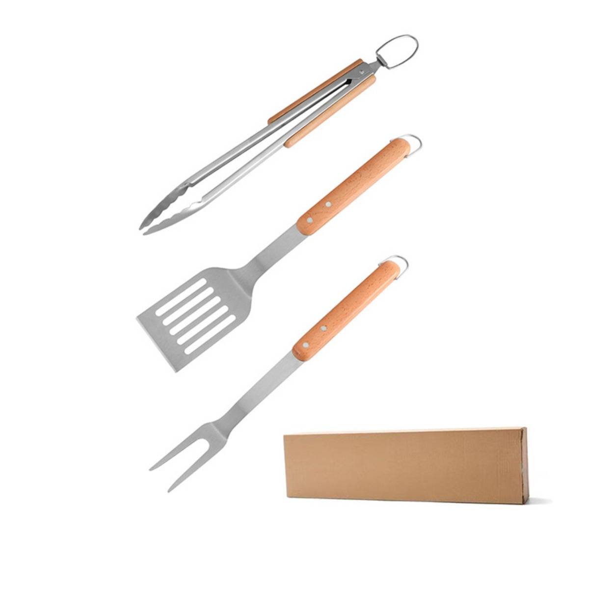 Dreiteiliges Grillwerkzeugsatz mit Zange, Pfannenwender mit Schlitzen und Gabel, gezeigt mit einer braunen Aufbewahrungsbox auf weißem Hintergrund.