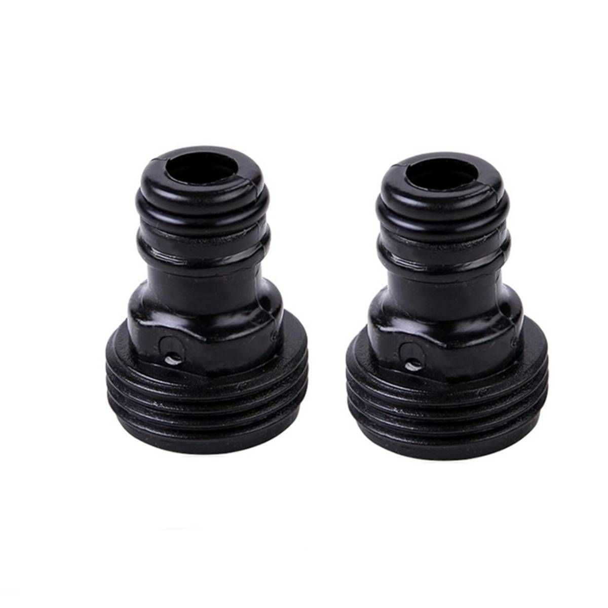 Zwei schwarze Kunststoff-Gewindeadapterfittings nebeneinander auf weißem Hintergrund.