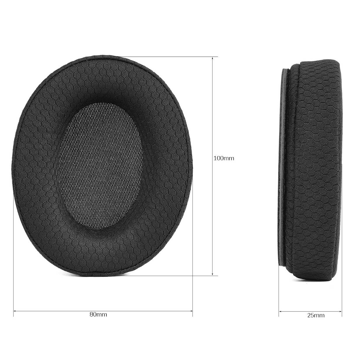 Schwarzes ovales Sitzkissen mit Vorder- und Seitenansicht. Abmessungen: 100 mm mal 80 mm und 25 mm dick.