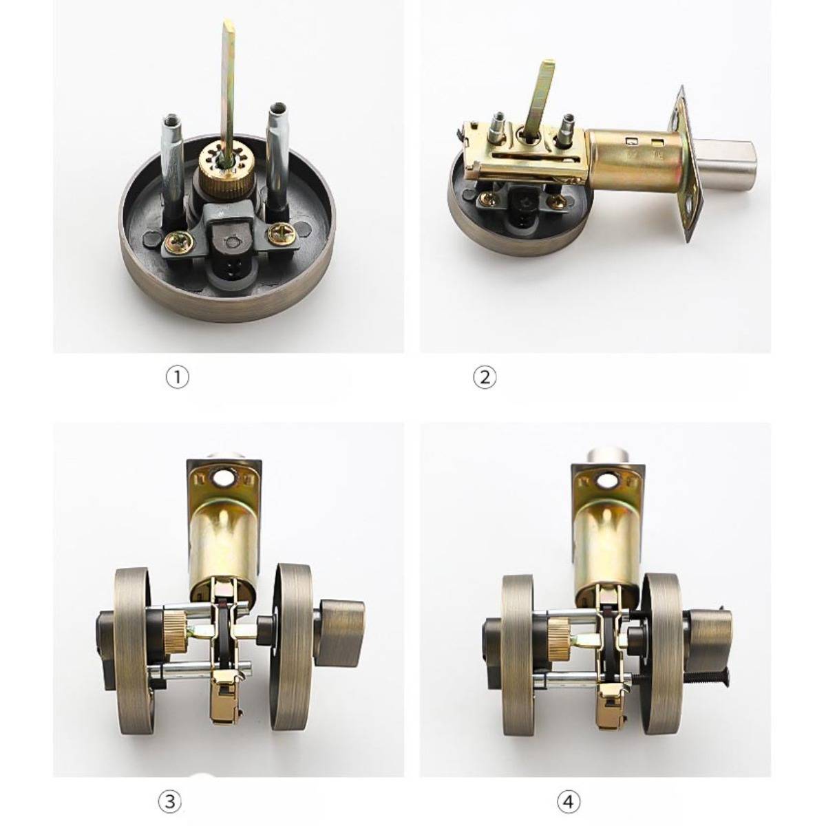 Vierstufige Produktfotos zeigen einen Türschließmechanismus aus verschiedenen Blickwinkeln, einschließlich der internen Rigelvorrichtung und der Knaufwelle.