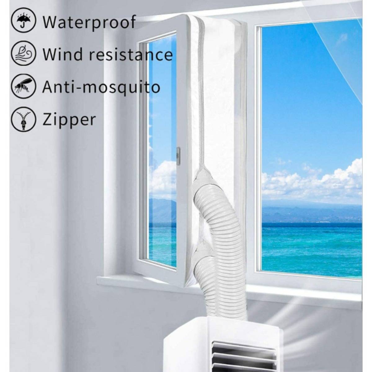 Tragbarer Fenster-Klimaanlage-Abluftsschlauch durch ein Fenster mit antikeimpassender Reißverschlussabdichtung; Der Text hebt Wasserdichtheit, Windbeständigkeit, Antimückenschutz und Reißverschluss hervor.