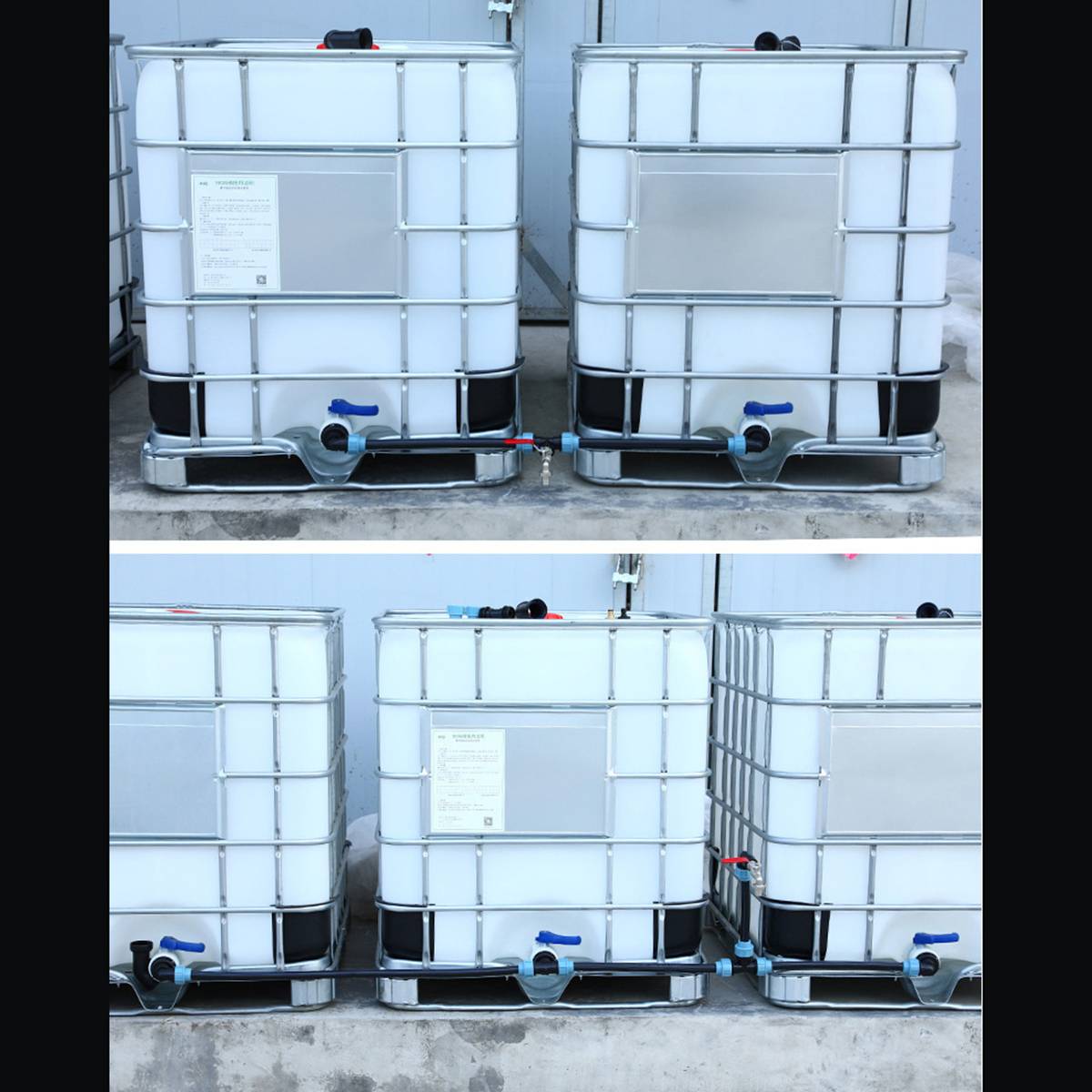 Fünf große weiße Flüssigkeitsspeichertanks in Metallkäfigen stehen auf Beton, verbunden durch Rohrleitungen und Ventile in zwei nebeneinander angeordneten Aufnahmen.